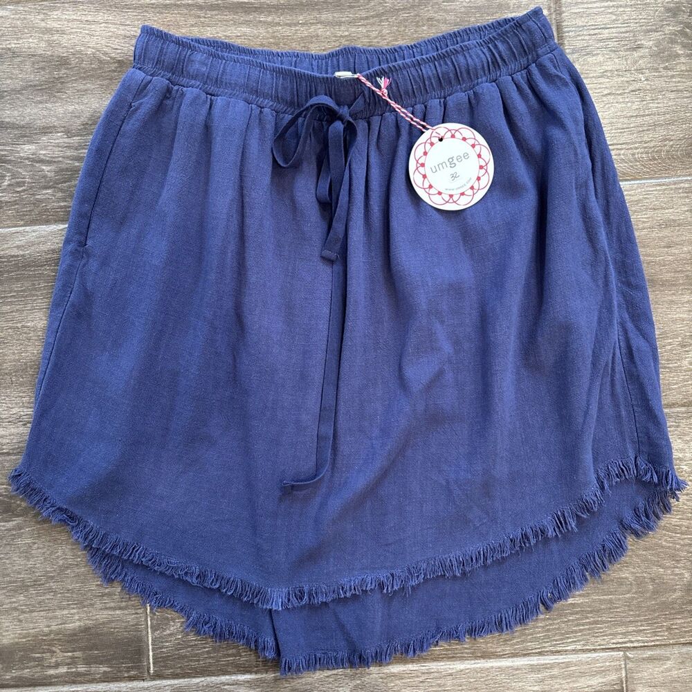 Umgee NWT Women's Size M Linen Blend Elastic Waist Blue Skirt With Raw Hem‎